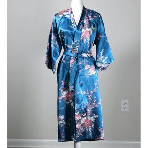 Juguemm Japanese Satin Kimono Robe in Blue with Pink Cherry Blossoms